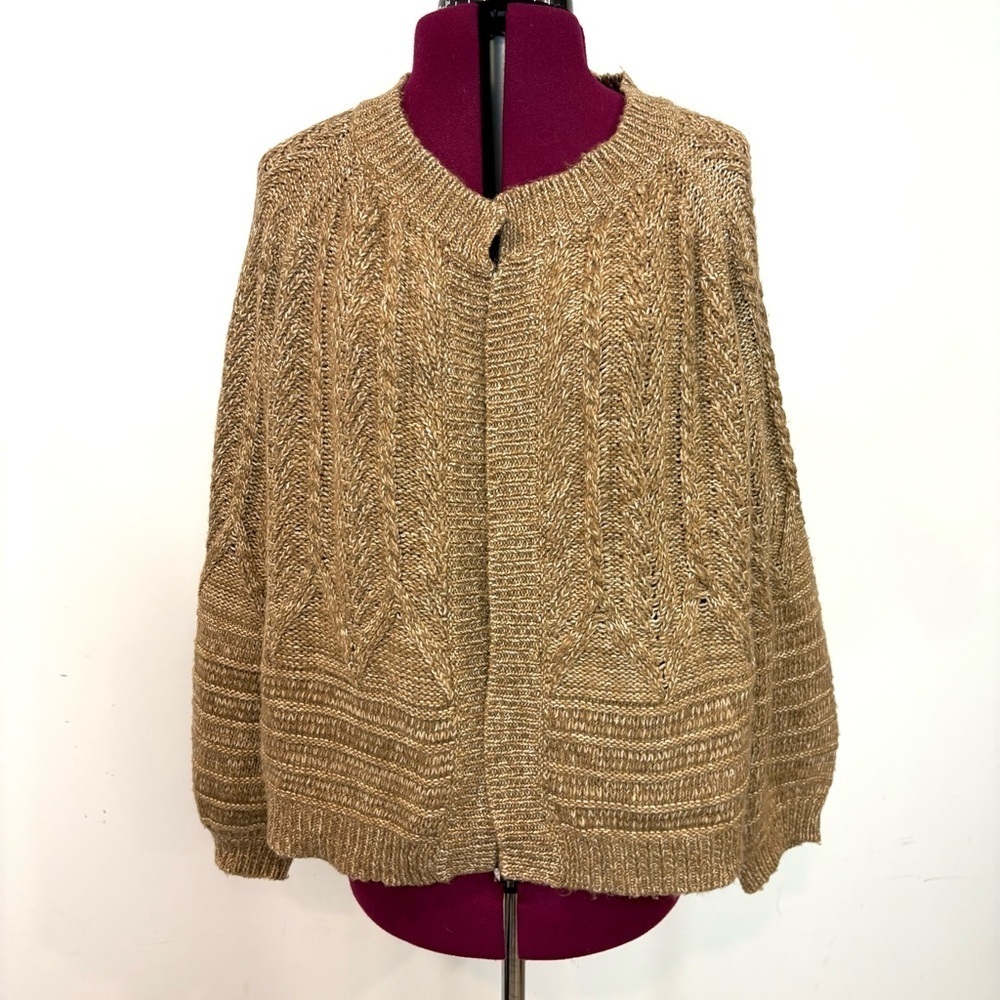 Lucky Brand Balloon Sleeve Tan Marled Cable Knit Cardigan sz L